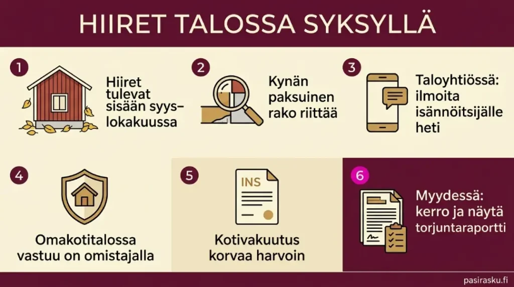 Infografiikka: kuusi keskeistä asiaa hiiristä talossa syksyllä, vastuista ja asuntokaupasta.