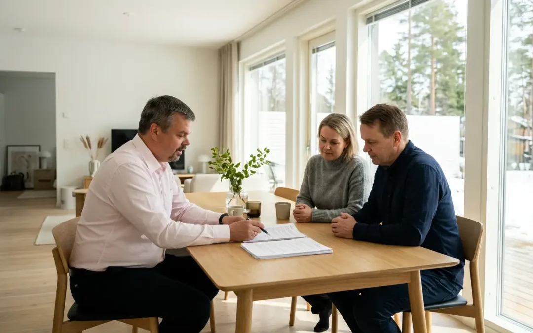 Kiinteistönvälittäjä ja asiakkaat käyvät läpi ostotarjousta pöydän ääressä