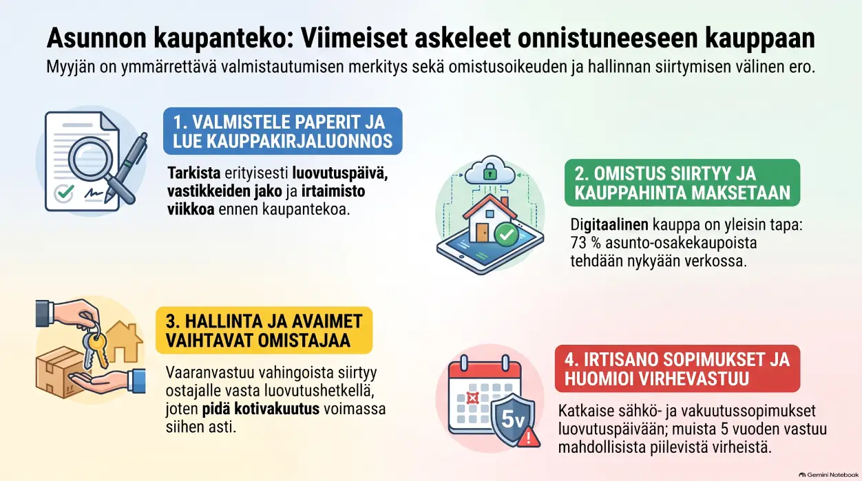 Infograafi asunnon kaupanteon ja luovutuksen vaiheista aikajanana tarjouksen ehdoista kaupan jälkeisiin tehtäviin.