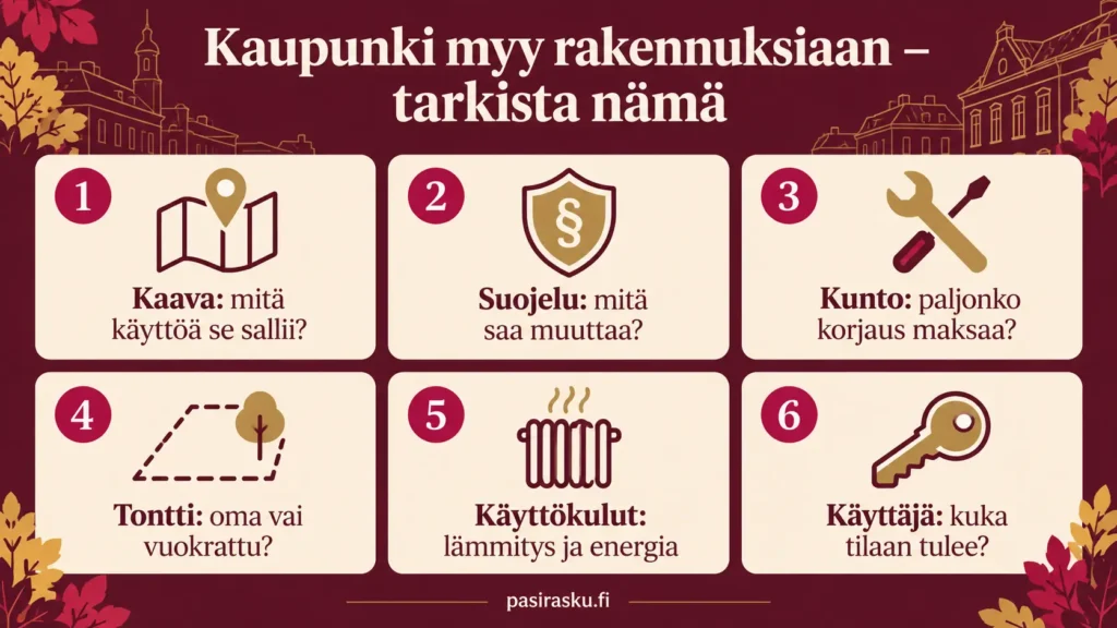 Infografiikka: kuusi asiaa, jotka kannattaa selvittää ennen tarjousta kaupungin myymästä rakennuksesta.